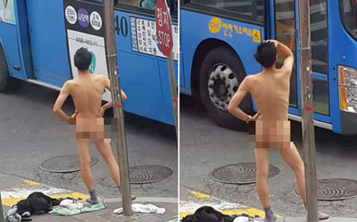まるでグラビア!?　バス停に現れた「全裸ポージング男」の衝撃写真の画像1