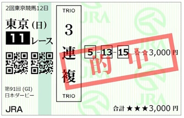 日本ダービーで万馬券を的中!見事60万円を超える払戻を獲得(画像はファン提供)